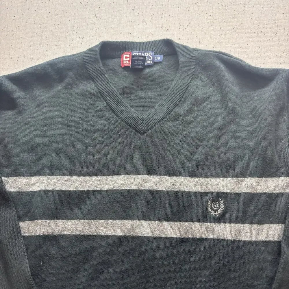 Chaps Ralph Lauren Mens Large V-Neck Sweater Black Grey Stripe Cottagecore